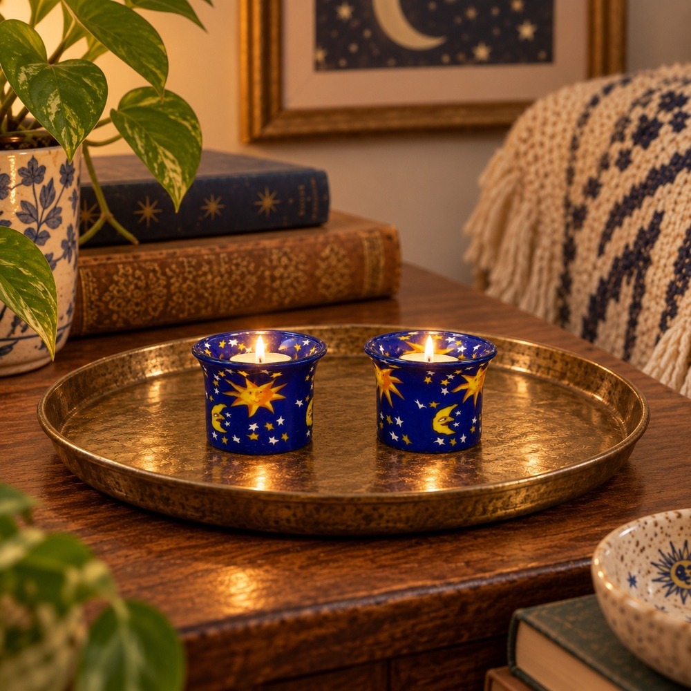 Vintage 90s Cobalt Blue Glass Celestial Sun Moon Star Tealight Holders Pair